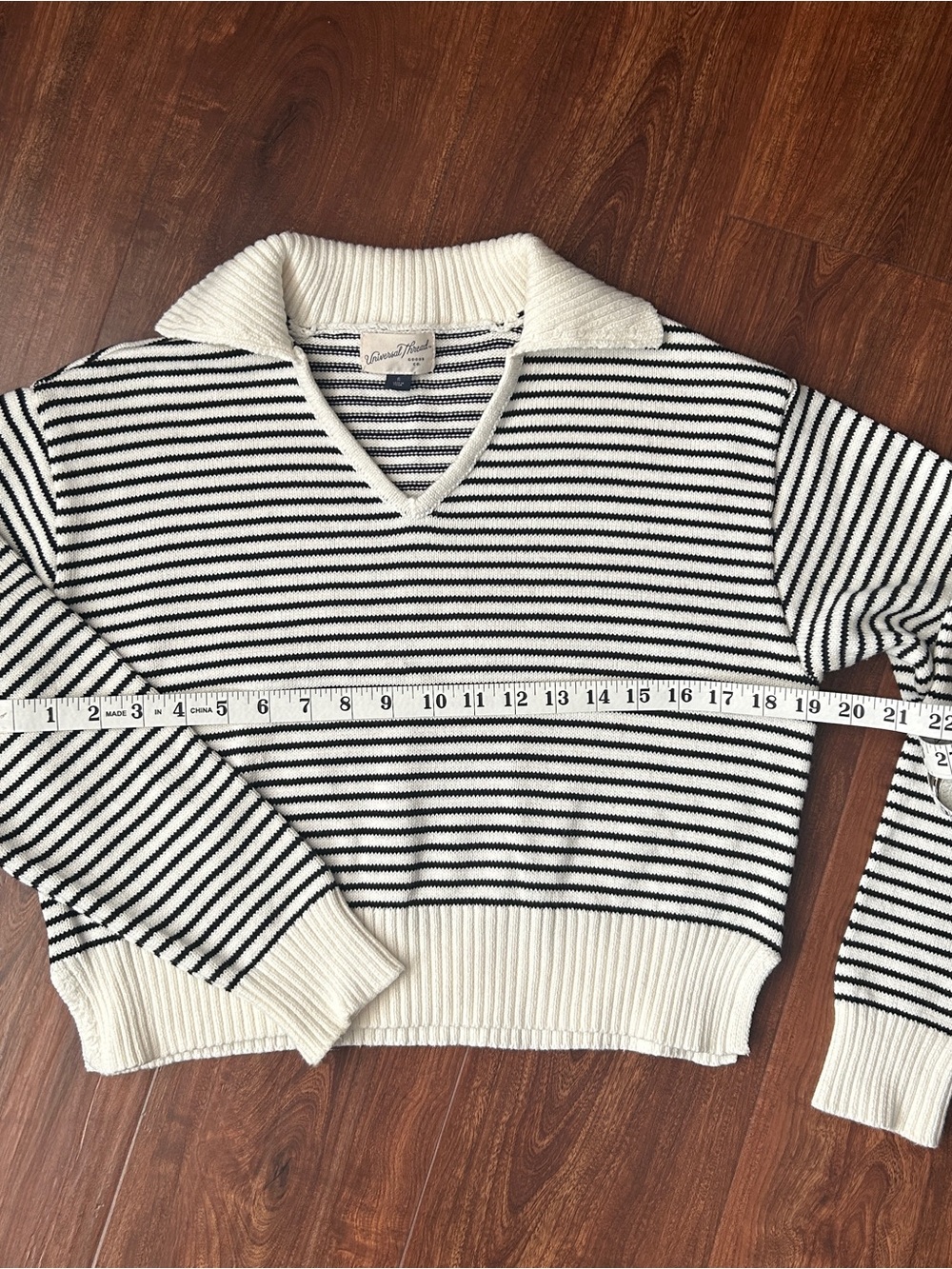 EUC Black and White Pinstriped Collared V-Neck Cropped Sweater